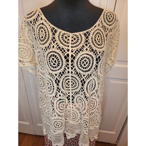 Ivory Crochet Short Sleeve Sweater L Boho Fairy Cottage Western Coastal Retro - Picture 3 of 6